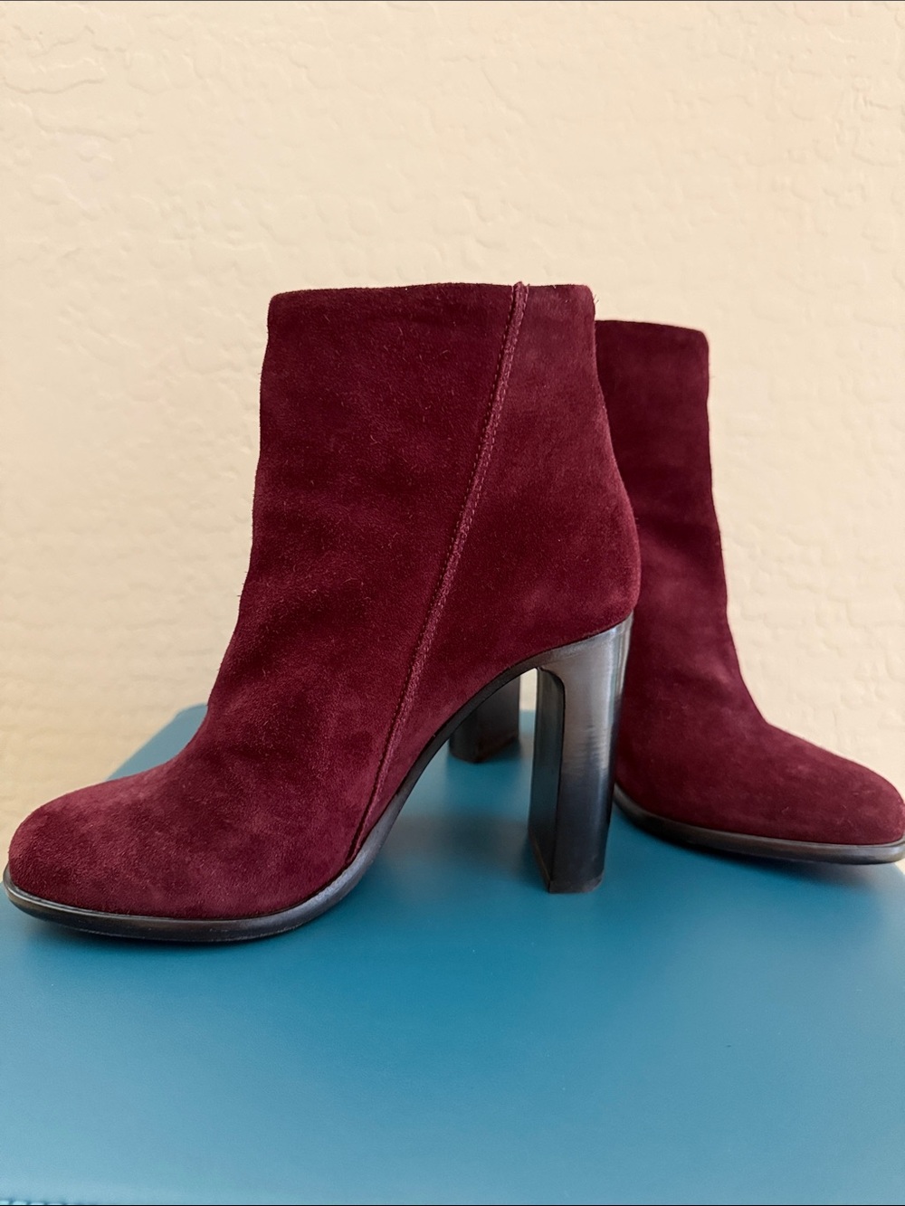 rag & bone Bootie Deep Wine Suede High Stacked Block Heel Exposed Zipper Sz9-9.5